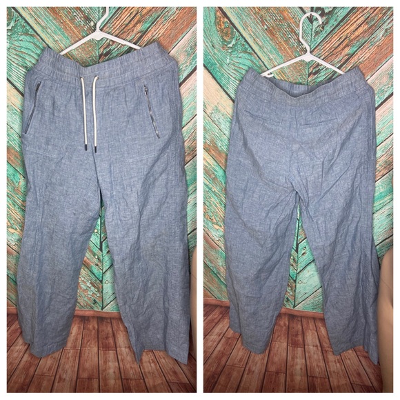 Athleta Cabo Linen Light Heathered Blue Beachy Wide Leg Drawstring Pant - Picture 2 of 8